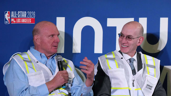 Jan 16, 2024; Inglewood, California, USA; LA Clippers owner Steve Ballmer (left) and NBA commissioner Adam Silver speak during a press conference to announce the Intuit Dome as the site of the 2026 NBA All-Star Game. Mandatory Credit: Kirby Lee-Imagn Images Jan 16, 2024; Inglewood, California, USA; LA Clippers owner Steve Ballmer (left) and NBA commissioner Adam Silver speak during a press conference to announce the Intuit Dome as the site of the 2026 NBA All-Star Game. Mandatory Credit: Kirby Lee-Imagn Images