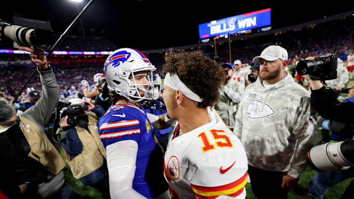 Josh Allen and Patrick Mahomes following the Bills' 30-21 win over the Chiefs in Week 11 of the 2024 season.