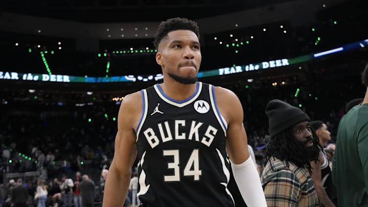 Jan 23, 2026; Milwaukee, Wisconsin, USA;  Milwaukee Bucks forward Giannis Antetokounmpo (34) walks from the court following the game against the Denver Nuggets at Fiserv Forum. Mandatory Credit: Jeff Hanisch-Imagn Images
