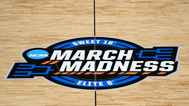 Mar 27, 2023; Seattle, WA, USA; A detailed view of the March Madness center court logo during the