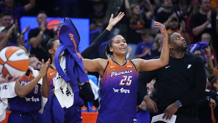 Mercury fans chant MVP for guard Alyssa Thomas (25) after she sets a WNBA record with 3 consecutive triple-doubles at PHX Arena in Phoenix on Aug. 7, 2025.