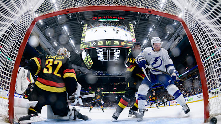 In-net view of Jake Guentzel's clutch goal against the Canucks on Sunday.