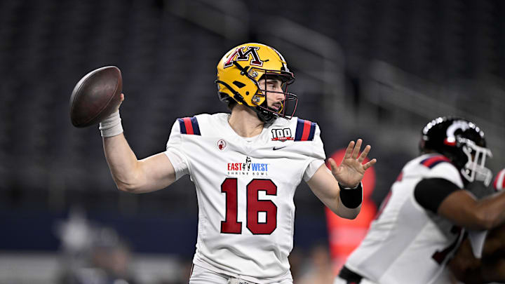 Jan 30, 2025; Arlington, TX, USA; West quarterback Max Brosmer of Minnesota (16) passes the ball against the East during the second half at AT&T Stadium. Mandatory Credit: Jerome Miron-Imagn Images