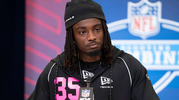 Feb 26, 2026; Indianapolis, IN, USA; Southern California defensive back Bishop Fitzgerald (DB35) speaks to members of the media during the NFL Combine at the Indiana Convention Center. Mandatory Credit: Jacob Musselman-Imagn Images