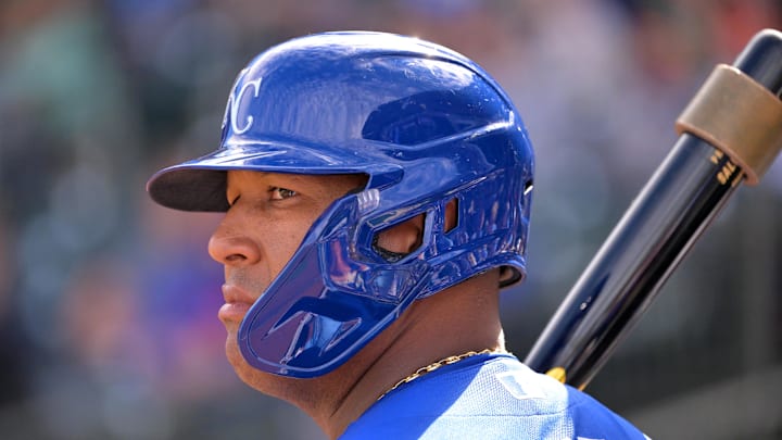 Feb 20, 2026; Surprise, Arizona, USA;  Kansas City Royals catcher Salvador Perez (13) on deck in the second inning against the Texas Rangers at Surprise Stadium. Mandatory Credit: Jayne Kamin-Oncea-Imagn Images