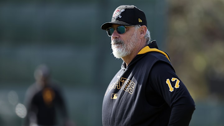 Feb 12, 2025; Bradenton, FL, USA;  Pittsburgh Pirates manager Derek Shelton (17) during spring training workouts at Pirate City. Mandatory Credit: Kim Klement Neitzel-Imagn Images