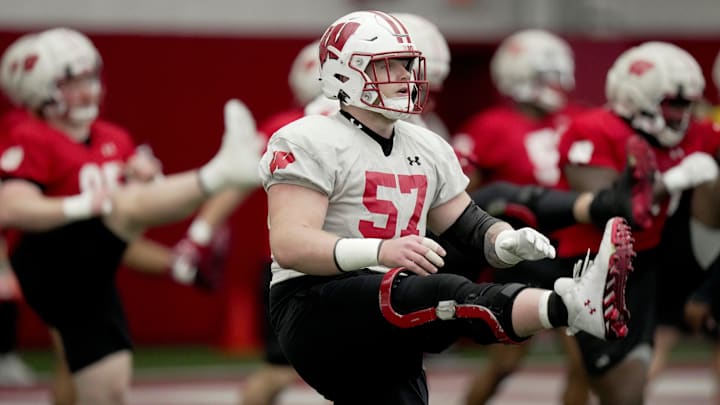 Wisconsin offensive lineman Jake Renfro (57) is shown during spring football practice Wednesday, April 23, 2025 in Madison, Wisconsin.

Mark Hoffman/Milwaukee Journal Sentinel