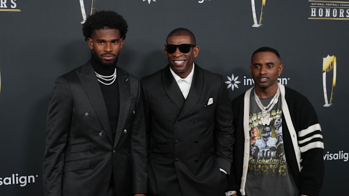 Feb 6, 2025; New Orleans, LA, USA; Deion Sanders with his sons Shedeur Sanders (left) and Deion Sanders Jr. (right) on the red carpet before Super Bowl LIX NFL Honors at Saenger Theatre. Mandatory Credit: Kirby Lee-Imagn Images Feb 6, 2025; New Orleans, LA, USA; Deion Sanders with his sons Shedeur Sanders (left) and Deion Sanders Jr. (right) on the red carpet before Super Bowl LIX NFL Honors at Saenger Theatre. Mandatory Credit: Kirby Lee-Imagn Images
