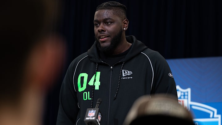 Feb 28, 2026; Indianapolis, IN, USA; Miami offensive lineman Markel Bell (OL04) speaks to members of the media during the NFL Combine at the Indiana Convention Center. Mandatory Credit: Jacob Musselman-Imagn Images
