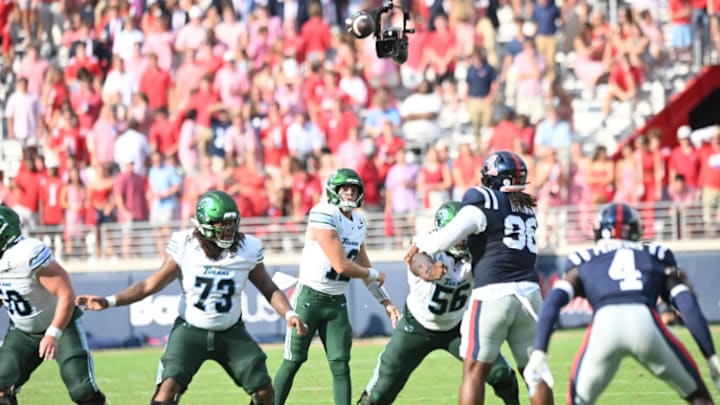 Tulane offensive line providing protection for quarterback Jack Retzlaff against Ole Miss, Sept. 20, 2025
