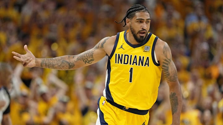 Jun 19, 2025; Indianapolis, Indiana, USA; Indiana Pacers forward Obi Toppin (1) reacts after a play against the Oklahoma City Thunder during the first half of game six of the 2025 NBA Finals between the Oklahoma City Thunder and the Indiana Pacers at Gainbridge Fieldhouse. Mandatory Credit: Kyle Terada-Imagn Images