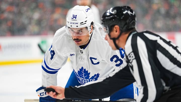 Nov 3, 2024; Saint Paul, Minnesota, USA; Toronto Maple Leafs center Auston Matthews (34) during a game between the Minnesota Wild and Toronto Maple Leafs at Xcel Energy Center. Mandatory Credit: Brace Hemmelgarn-Imagn Images
