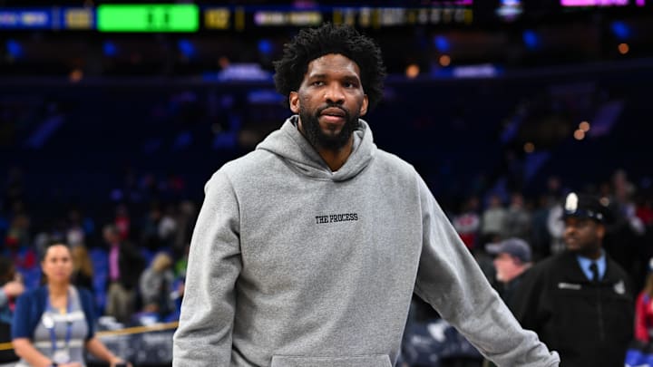 Mar 14, 2025; Philadelphia, Pennsylvania, USA; Philadelphia 76ers center Joel Embiid looks on after the game against the Indiana Pacers at Wells Fargo Center. Mandatory Credit: Kyle Ross-Imagn Images Mar 14, 2025; Philadelphia, Pennsylvania, USA; Philadelphia 76ers center Joel Embiid looks on after the game against the Indiana Pacers at Wells Fargo Center. Mandatory Credit: Kyle Ross-Imagn Images