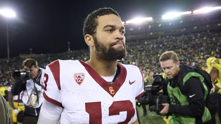 Nov 11, 2023; Eugene, Oregon, USA; USC Trojans quarterback Caleb Williams (13) walks off the field