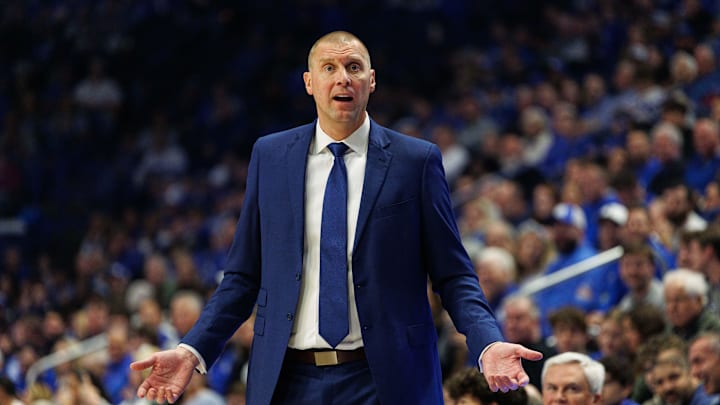 Nov 22, 2024; Lexington, Kentucky, USA; Kentucky Wildcats head coach Mark Pope reacts to a referee during the first half against the Jackson State Tigers at Rupp Arena at Central Bank Center. Mandatory Credit: Jordan Prather-Imagn Images Nov 22, 2024; Lexington, Kentucky, USA; Kentucky Wildcats head coach Mark Pope reacts to a referee during the first half against the Jackson State Tigers at Rupp Arena at Central Bank Center. Mandatory Credit: Jordan Prather-Imagn Images
