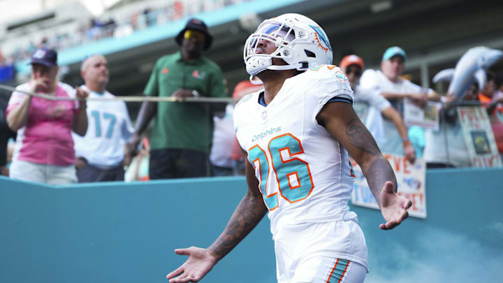 Miami Dolphins cornerback Rasul Douglas (26) enters the field prior to a game against the Los Angeles Chargers at Hard Rock Stadium. 
