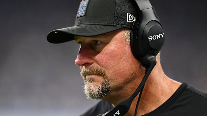 Sep 14, 2025; Detroit, Michigan, USA; Detroit Lions head coach Dan Campbell looks on during the second quarter of the game against the Chicago Bears at Ford Field. Mandatory Credit: Lon Horwedel-Imagn Images