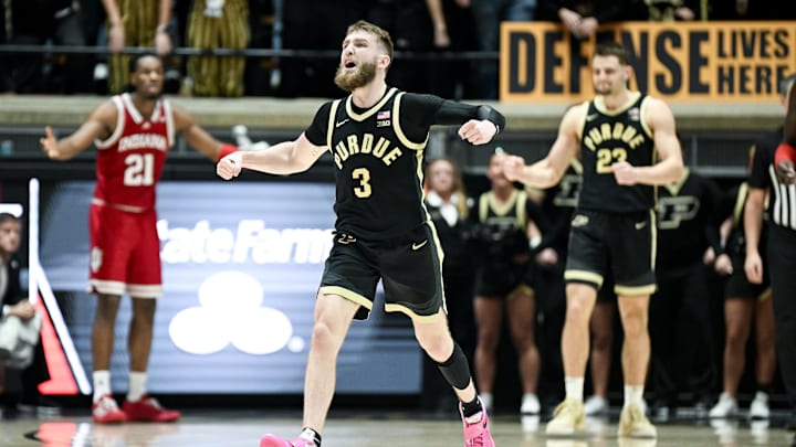 Purdue Boilermakers guard Braden Smith (3) celebrates after drawing an offensive foul Purdue Boilermakers guard Braden Smith (3) celebrates after drawing an offensive foul