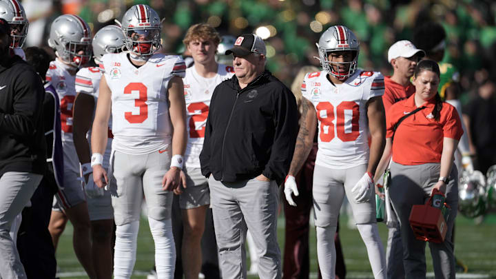 Jan 1, 2025; Pasadena, CA, USA;  Ohio State Buckeyes assistant coach Chip Kelly looks on before the 2025 Rose Bowl college football quarterfinal game against the Oregon Ducks at Rose Bowl Stadium. Mandatory Credit: Kirby Lee-Imagn Images