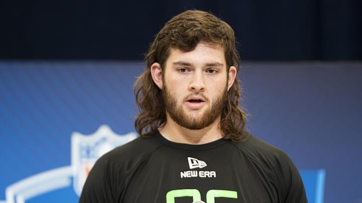Mar 1, 2025; Indianapolis, IN, USA; University of Iowa offensive lineman Connor Colby (OL06) answers questions at a press conference during the 2025 NFL Combine at Indiana Convention Center. Mandatory Credit: Jacob Musselman-Imagn Images