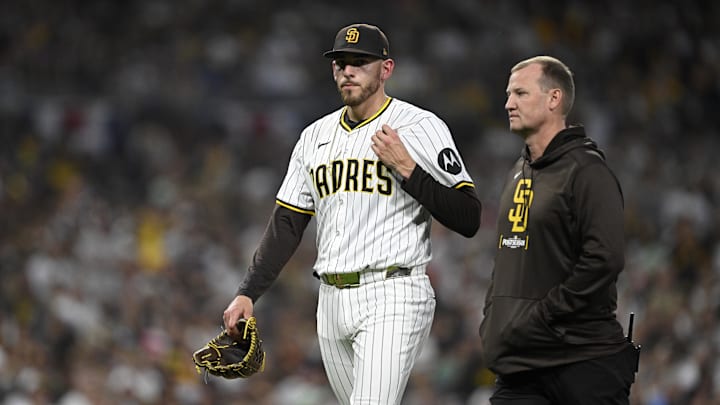 Oct 2, 2024; San Diego, California, USA; San Diego Padres pitcher Joe Musgrove (44) leaves the game during the fourth inning of game two in the Wildcard round for the 2024 MLB Playoffs against the Atlanta Braves at Petco Park. Mandatory Credit: Denis Poroy-Imagn Images