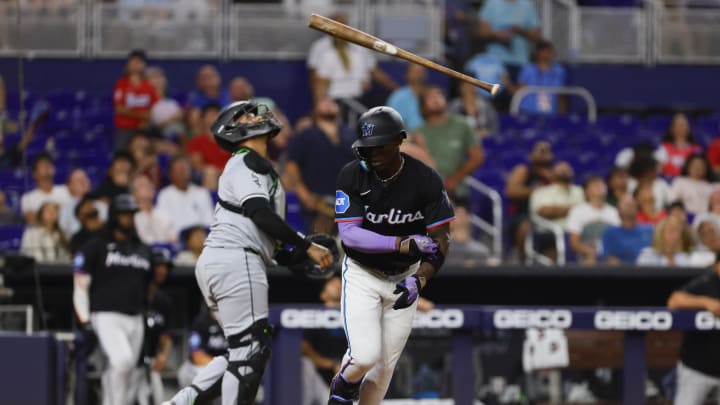 Jul 5, 2024; Miami, Florida, USA; Miami Marlins center fielder Jazz Chisholm Jr. (2) reacts after his at bat against the Chicago White Sox during the third inning at loanDepot Park.