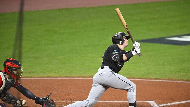 Oct 10, 2026; Cleveland, Ohio, USA;  Chicago White Sox outfielder Sam Antonacci (17) singles during the sixth inning against the Cleveland Guardians in game five of the ALDS for the 2026 MLB Playoffs at Progressive Field.  Mandatory Credit: David Richard-Imagn Images