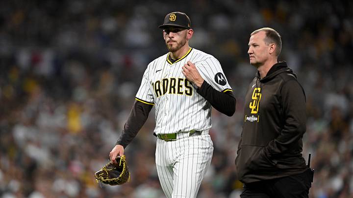 Oct 2, 2024; San Diego, California, USA; San Diego Padres pitcher Joe Musgrove (44) leaves the game during the fourth inning of game two in the Wildcard round for the 2024 MLB Playoffs against the Atlanta Braves at Petco Park. Mandatory Credit: Denis Poroy-Imagn Images Oct 2, 2024; San Diego, California, USA; San Diego Padres pitcher Joe Musgrove (44) leaves the game during the fourth inning of game two in the Wildcard round for the 2024 MLB Playoffs against the Atlanta Braves at Petco Park. Mandatory Credit: Denis Poroy-Imagn Images