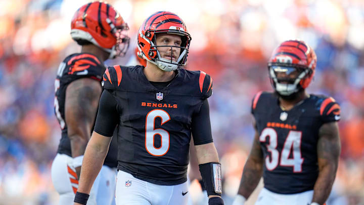 Cincinnati Bengals quarterback Jake Browning (6) reacts to a false start penalty in the second quarter of the NFL Week 5 game between the Cincinnati Bengals and the Detroit Lions at Paycor Stadium in downtown Cincinnati on Sunday, Oct. 5, 2025.