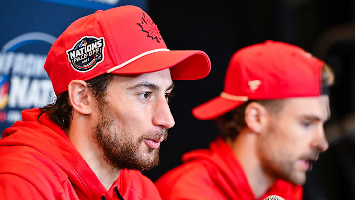 Anthony Cirelli and Brandon Hagel at 2025 NHL 4 Nations Face-Off - Media Day