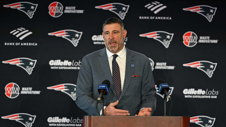 Jan 13, 2025; Foxborough, MA, USA; Mike Vrabel addresses media at a press conference to announce his hiring as the New England Patriots head coach at Gillette Stadium. Mandatory Credit: Eric Canha-Imagn Images