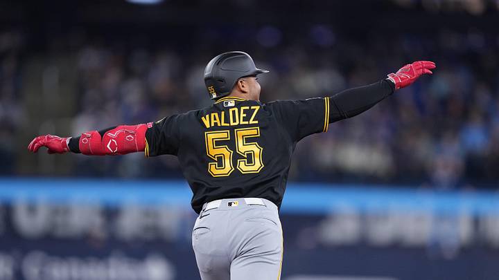 May 24, 2026; Toronto, Ontario, CAN; Pittsburgh Pirates right fielder Esmerlyn Valdez (55) celebrates hitting a two run home run against the Toronto Blue Jays during the sixthinning at Rogers Centre. Mandatory Credit: Nick Turchiaro-Imagn Images