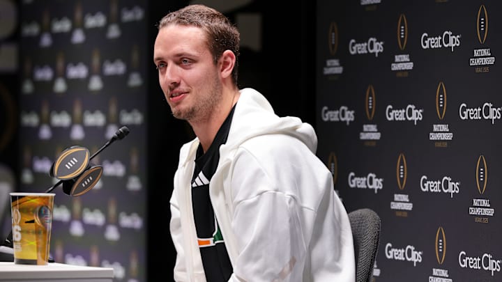 Jan 17, 2026; Miami Gardens, FL, USA; Miami Hurricanes quarterback Carson Beck (11) talks to the media during media day for the 2025 College Football Playoff National Championship at Miami Beach Convention Center. Mandatory Credit: Sam Navarro-Imagn Images