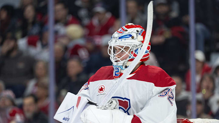 Mar 11, 2026; Ottawa, Ontario, CAN; Montreal Canadiens goalie Jacob Fowler (32) looks up the ice prior to the start of game against the Ottawa Senators at the Canadian Tire Centre. Mandatory Credit: Marc DesRosiers-IMAGN Images