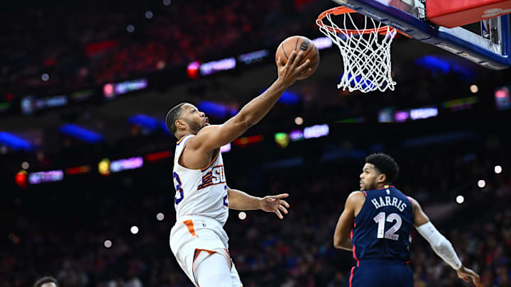 Nov 4, 2023; Philadelphia, Pennsylvania, USA; Phoenix Suns guard Eric Gordon (23) shoots against the Philadelphia 76ers in the second quarter at Wells Fargo Center. Mandatory Credit: Kyle Ross-USA TODAY Sports