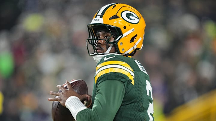 Dec 27, 2025; Green Bay, Wisconsin, USA;  Green Bay Packers quarterback Malik Willis (2) during warmups prior to the game against the Baltimore Ravens at Lambeau Field. Mandatory Credit: Jeff Hanisch-Imagn Images