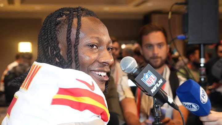 Feb 4, 2025; New Orleans, LA, USA; Kansas City Chiefs receiver Hollywood Brown at a press conference in advance of Super Bowl LIX at New Orleans Marriott. Mandatory Credit: Kirby Lee-Imagn Images Feb 4, 2025; New Orleans, LA, USA; Kansas City Chiefs receiver Hollywood Brown at a press conference in advance of Super Bowl LIX at New Orleans Marriott. Mandatory Credit: Kirby Lee-Imagn Images