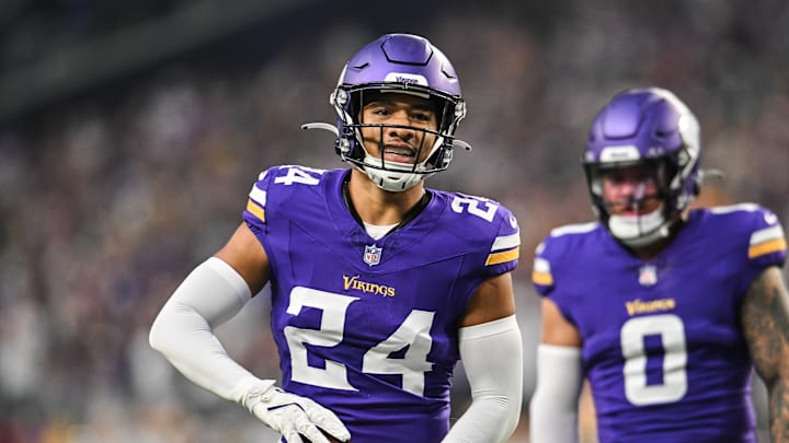 Minnesota Vikings safety Camryn Bynum (24) reacts after a fumble recovery against the Green Bay Packers during the first quarter at U.S. Bank Stadium. Minnesota Vikings safety Camryn Bynum (24) reacts after a fumble recovery against the Green Bay Packers during the first quarter at U.S. Bank Stadium.