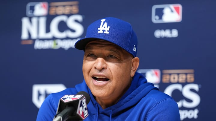 Oct 16, 2025; Los Angeles, California, USA; Los Angeles Dodgers manager Dave Roberts (30) speaks in a press conference before game three against the Milwaukee Brewers in the NLCS round for the 2025 MLB playoffs at Dodger Stadium. Mandatory Credit: Kirby Lee-Imagn Images
