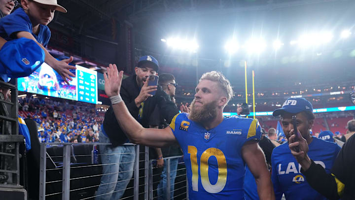 Jan 13, 2025; Glendale, AZ, USA; Los Angeles Rams wide receiver Cooper Kupp (10) reacts after the NFC wild card game against the Minnesota Vikings at State Farm Stadium. Mandatory Credit: Joe Camporeale-Imagn Images Jan 13, 2025; Glendale, AZ, USA; Los Angeles Rams wide receiver Cooper Kupp (10) reacts after the NFC wild card game against the Minnesota Vikings at State Farm Stadium. Mandatory Credit: Joe Camporeale-Imagn Images