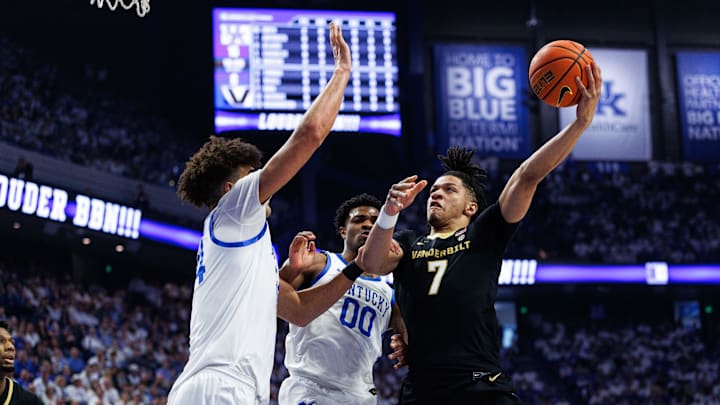 Feb 28, 2026; Lexington, Kentucky, USA; Vanderbilt Commodores guard Chandler Bing (7) goes to the basket against Kentucky Wildcats center Malachi Moreno (24) during the first half at Rupp Arena at Central Bank Center. Mandatory Credit: Jordan Prather-Imagn Images Feb 28, 2026; Lexington, Kentucky, USA; Vanderbilt Commodores guard Chandler Bing (7) goes to the basket against Kentucky Wildcats center Malachi Moreno (24) during the first half at Rupp Arena at Central Bank Center. Mandatory Credit: Jordan Prather-Imagn Images