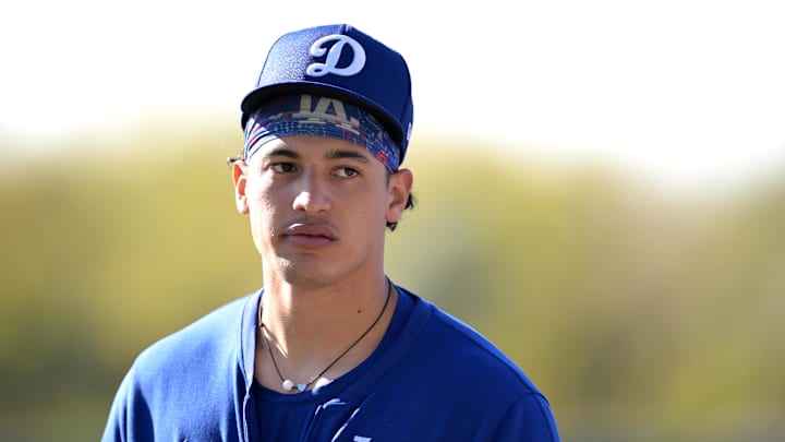 Glendale, AZ, USA;  Los Angeles Dodgers catcher Diego Cartaya (76) looks on during spring training at Camelback Ranch.