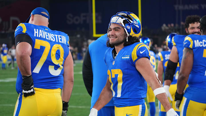 Jan 13, 2025; Glendale, AZ, USA; Los Angeles Rams wide receiver Puka Nacua (17) reacts during the second half against the Minnesota Vikings in an NFC wild card game at State Farm Stadium. Mandatory Credit: Joe Camporeale-Imagn Images