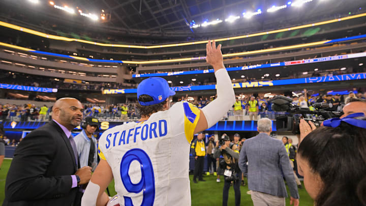 Nov 23, 2025; Inglewood, California, USA; Los Angeles Rams quarterback Matthew Stafford (9) acknowledges the crowd and walks off the field after the game against the Tampa Bay Buccaneers at SoFi Stadium. Mandatory Credit: Jayne Kamin-Oncea-Imagn Images