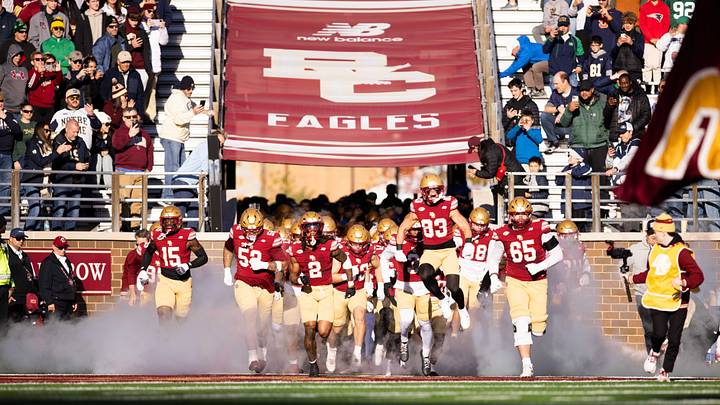 Nov 1, 2025; Chestnut Hill, Massachusetts, USA; Boston College Eagles enter the stadium for their game against the Notre Dame Fighting Irish at Alumni Stadium. Mandatory Credit: Edward Finan-Imagn Images Nov 1, 2025; Chestnut Hill, Massachusetts, USA; Boston College Eagles enter the stadium for their game against the Notre Dame Fighting Irish at Alumni Stadium. Mandatory Credit: Edward Finan-Imagn Images