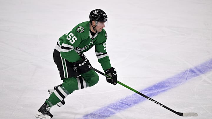 Nov 9, 2025; Dallas, Texas, USA; Dallas Stars defenseman Thomas Harley (55) skates against the Seattle Kraken during the second period at the American Airlines Center. Mandatory Credit: Jerome Miron-Imagn Images Nov 9, 2025; Dallas, Texas, USA; Dallas Stars defenseman Thomas Harley (55) skates against the Seattle Kraken during the second period at the American Airlines Center. Mandatory Credit: Jerome Miron-Imagn Images