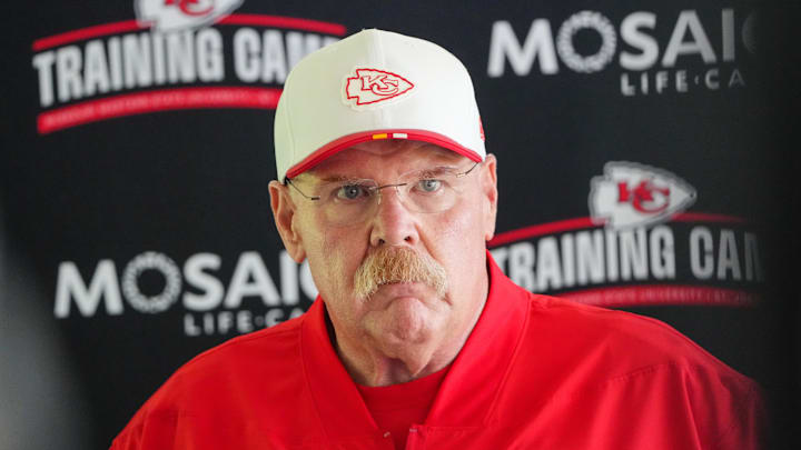 Jul 22, 2025; St. Joseph, MO, USA; Kansas City Chiefs head coach Andy Reid speaks to media after training camp at Missouri Western State University. Mandatory Credit: Denny Medley-Imagn Images