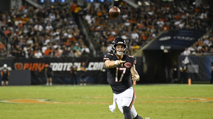 Aug 17, 2025; Chicago, Illinois, USA;  Chicago Bears quarterback Tyson Bagent (17) throws the ball for a touchdown during the first half against the Buffalo Bills at Soldier Field. Mandatory Credit: Matt Marton-Imagn Images