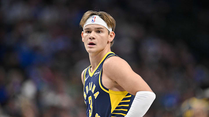 Oct 29, 2025; Dallas, Texas, USA; Indiana Pacers guard Mac McClung (3) looks on during the second quarter against the Dallas Mavericks at the American Airlines Center. Mandatory Credit: Jerome Miron-Imagn Images