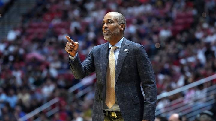 Mar 20, 2026; San Diego, CA, USA; LIU Sharks head coach Rod Strickland looks on in the second half against the Arizona Wildcats during a first round game of the men's 2026 NCAA Tournament at Viejas Arena. Mandatory Credit: Kirby Lee-Imagn Images Mar 20, 2026; San Diego, CA, USA; LIU Sharks head coach Rod Strickland looks on in the second half against the Arizona Wildcats during a first round game of the men's 2026 NCAA Tournament at Viejas Arena. Mandatory Credit: Kirby Lee-Imagn Images
